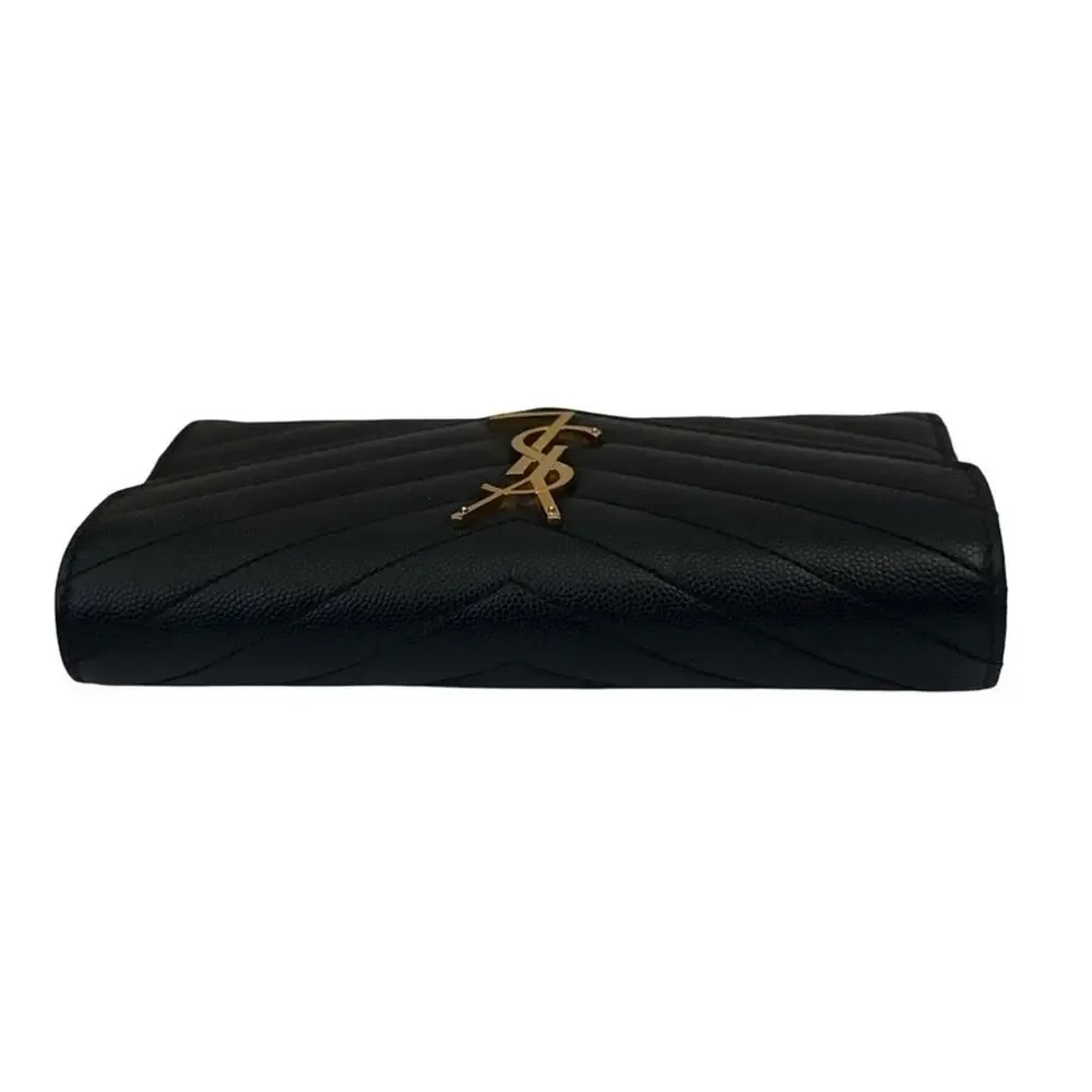 Saint Laurent Black Chevron Leather Wallet with Gold YSL Emblem Crossbody - Picture 3 of 11